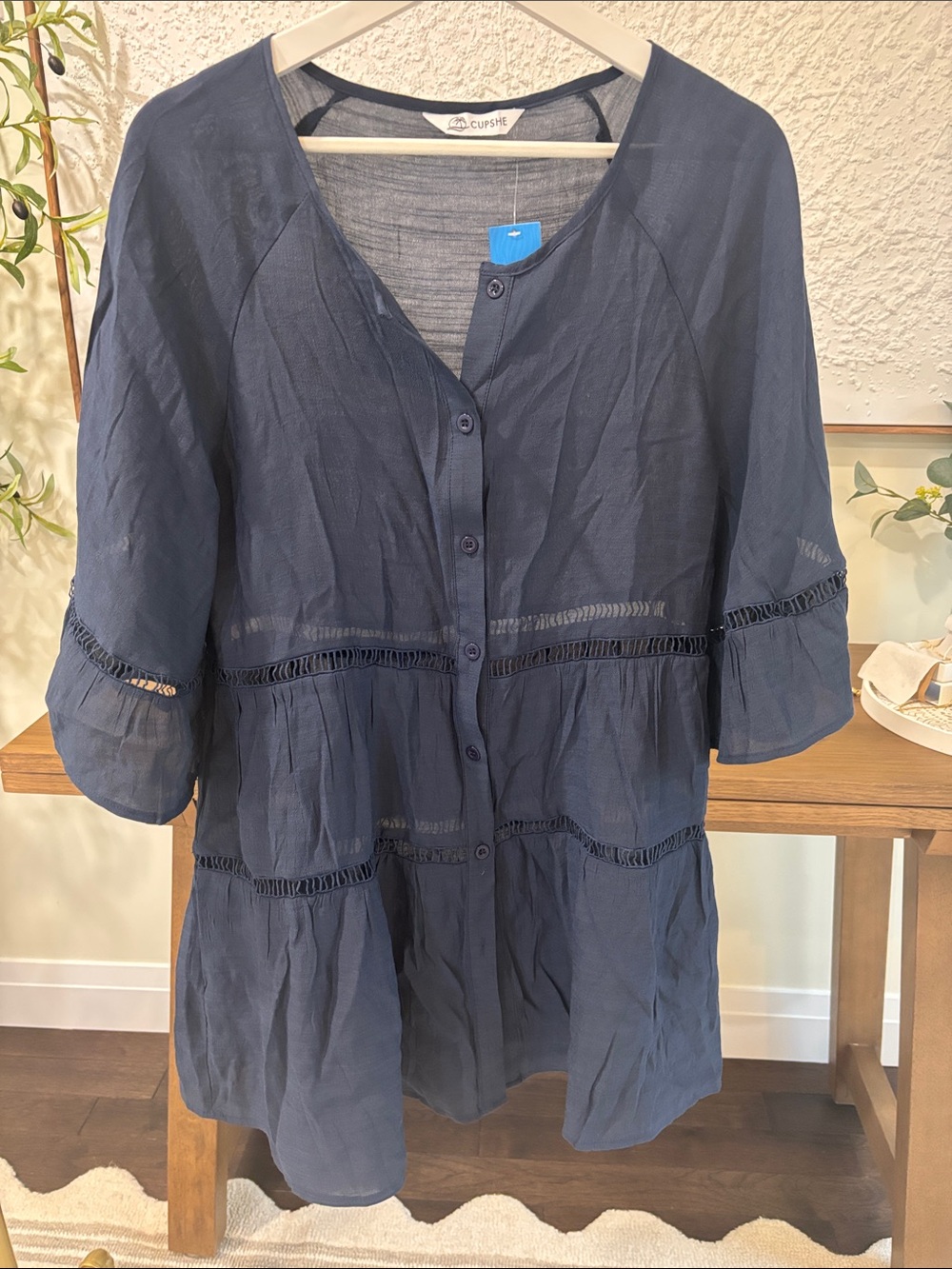 Cupshe Navy Button-Front Tiered Ruffle Blouse